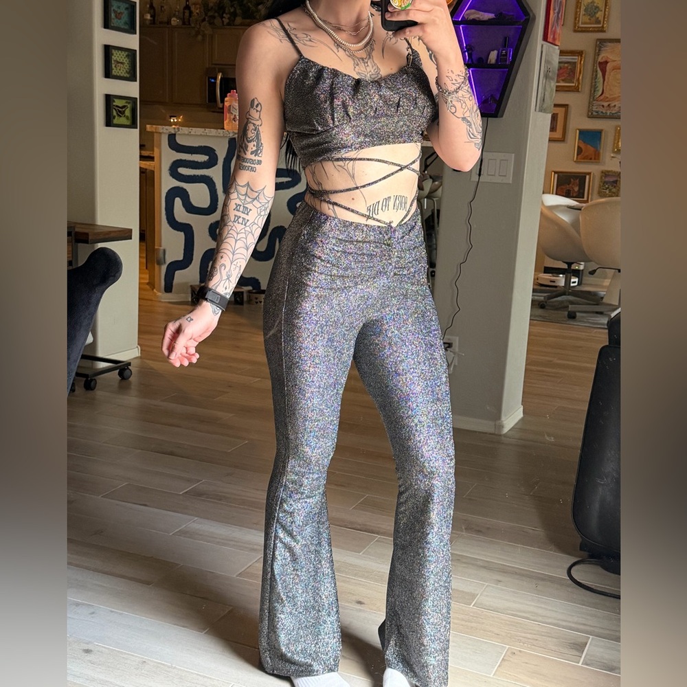 Wild Fable Glittering Silver Flare Jumpsuit